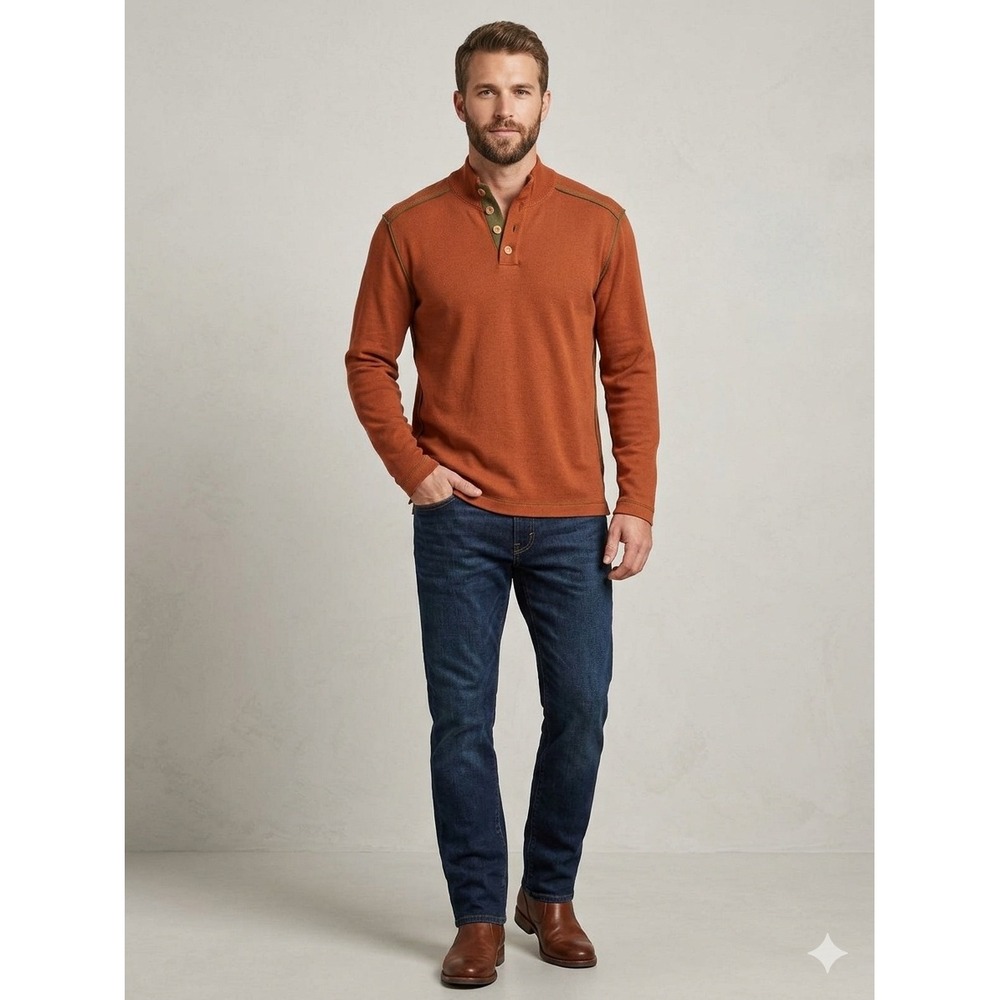 Sundance Mens XL Burnt Orange Cotton Button Mock Neck Sweater Olive Green Trim